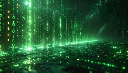 Abstract digital matrix with green data streams and binary code