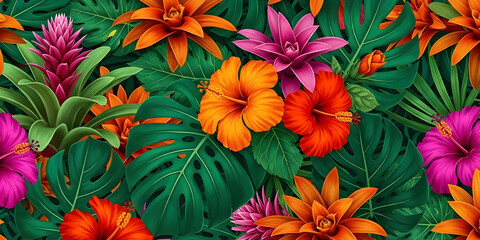 Vibrant tropical flower pattern with lush green foliage