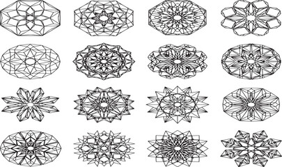 Collection of twenty oval shaped abstract black and white mandala patterns with intricate symmetrical designs isolated on white background.