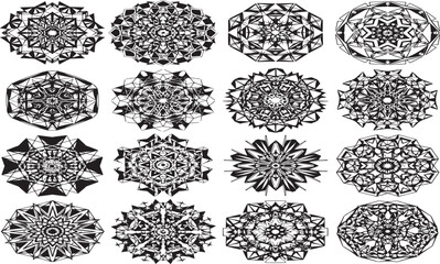 Collection of twenty oval shaped abstract black and white mandala patterns with intricate symmetrical designs isolated on white background.