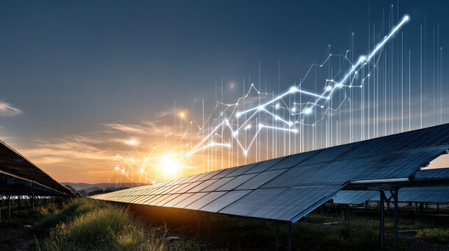 Renewable energy investment concept, graphs over solar farm image. Environment and green energy concept, demonstrating sustainable business practices, renewable energy