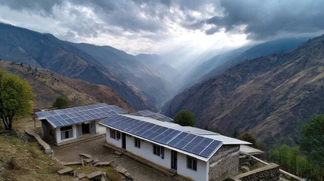 Remote village powered by off-grid solar solutions. Environment and green energy concept, demonstrating sustainable business practices, renewable energy