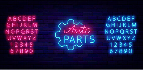 Auto parts neon label with gear wheel. Garage car. Shiny blue and blue alphabet. Vector stock illustration