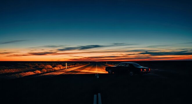 Fototapeta Vintage Car Silhouette on Empty Road at Dusk