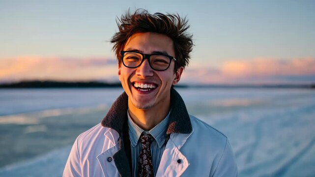 Asian Japanese man standing at snow field smiling to camera 
