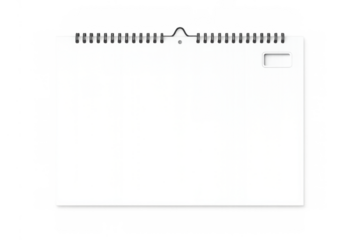White blank wall calendar template with spiral binding, hanging loop, and empty pages on a transparent background for mockup