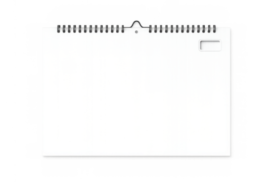 White blank wall calendar template with spiral binding, hanging loop, and empty pages on a transparent background for mockup