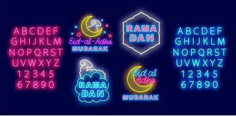 Ramadan Kareem labels collection. Ram and crescent moon. Eid al Adha. Eid Mubarak holiday. Vector stock illustration