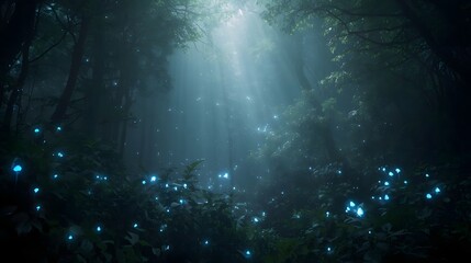 Enchanted Forest Glowing Blue Mushrooms and Ethereal Sunbeams