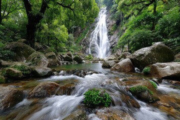 Fototapeta premium Tranquil Waterfall Cascading into a Lush Green Forest Stream