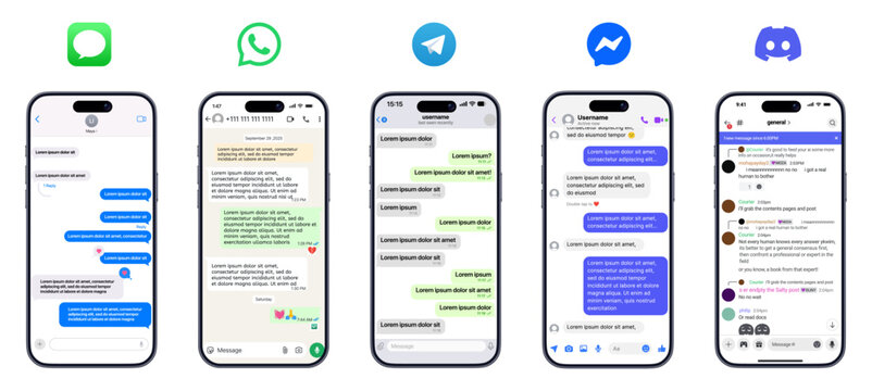 Messaging app mockup. WhatsApp Telegram Messenger Discord iMessage UI design. hatsApp Telegram Messenger Discord iMessage mobile chat layout comparison