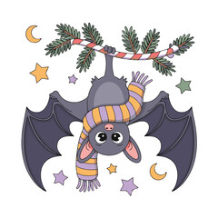 Adorable cartoon bat hanging upside down from a branch, wearing a striped scarf, surrounded by stars and moons