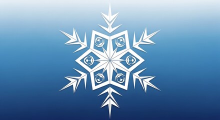 A crisp white symmetrical snowflake, rendered with clean lines, is centered on a cool gradient blue background. Its six points extend outwards