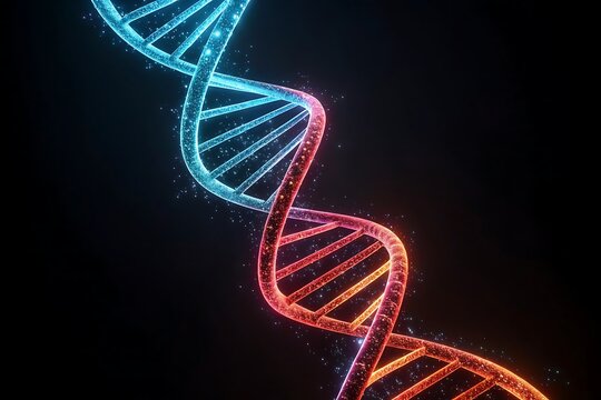 Vibrant dual helix dna structure illuminated with glowing particles against a dark background