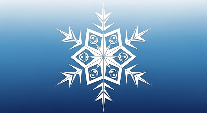 A crisp white symmetrical snowflake, rendered with clean lines, is centered on a cool gradient blue background. Its six points extend outwards