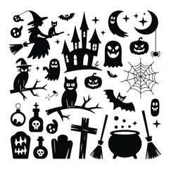 Collection of halloween black silhouettes including witch, cats, ghosts, haunted house, pumpkins, bats, moon, spider web, and cauldron