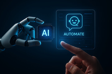 A robotic hand holding an AI chip approaches a digital interface with an 'Automate' chatbot icon, symbolizing artificial intelligence integration.