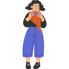 Woman Playing Pan Flute With Orange Shawl And Blue Pants In Isolated White Background