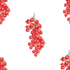 Seamless pattern with sprigs of red currants. Watercolor red currant berries. Berries for tea, juice, jam, wine, sweets and eco-products, menu, scrapbooking, posters, textiles, kitchen decoration