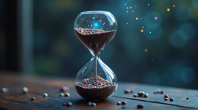 An hourglass with colorful grains flowing, representing time, against a blurred background with bokeh effects.