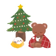 クリスマスツリーとくまとシマエナガ