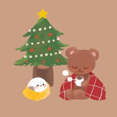クリスマスツリーとくまとシマエナガ