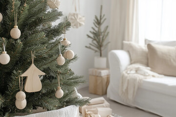 Scandinavian minimalist Christmas tree with wooden ornaments and cozy neutral interior