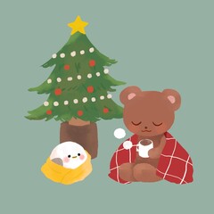クリスマスツリーとくまとシマエナガ