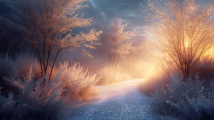 Magical Winter Path Sunrise Fantasy Landscape Golden Glow Snow