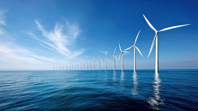 Floating wind turbines on ocean surface, clear skies. Environment and green energy concept, demonstrating sustainable business practices, renewable energy