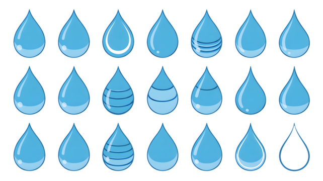 Vibrant blue water drops collection showcasing purity and freshness with diverse stylistic elements for modern designs