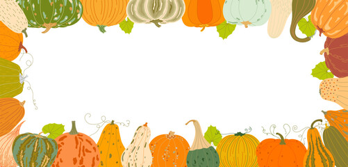Pumpkins autumn vegetable border, festive rectangular frame decorated with squash and gourds in warm fall colors, seasonal Thanksgiving holiday or harvest background for invitations, cards, posters
