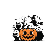 Halloween illustration featuring a carved pumpkin, witch hat, owl, black cat, and cauldron with a spooky tree and moon in the background
