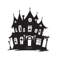 Silhouette of a spooky haunted house with broken windows and a street lamp