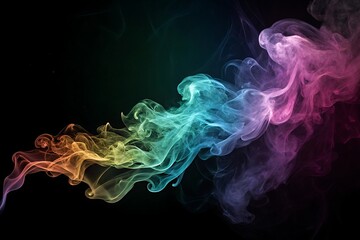 Obraz premium Vibrant rainbow colored smoke swirls and drifts across a dark black background creating an ethereal abstract art