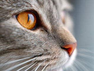 Detailed profile view of a gray cat focusing on its striking amber eye and soft textured fur with a blurred neutral background for calm atmosphere