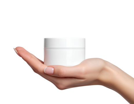 A female hand gently holding a white cosmetic cream jar, isolated on transparent background. Minimal beauty and skincare concept for product mockups, advertisements, and branding design.