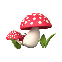 3D Abstract Illustration of Stylized Red Mushrooms with White Spots and Green Leaves Representing Nature and Fantasy
