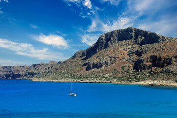 Panoramic view of the turquoise sea at the Greek lagoon of Balos Beach on the island of Crete