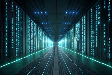 Futuristic digital data center corridor with glowing binary code streams and server racks