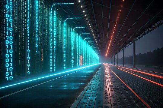 Futuristic digital highway with glowing binary code streams and vibrant neon lights in a dark tunnel - Powered by Adobe