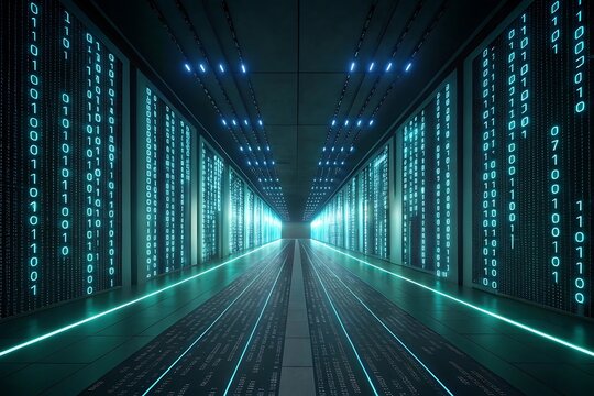 Futuristic digital data center corridor with glowing binary code streams and server racks