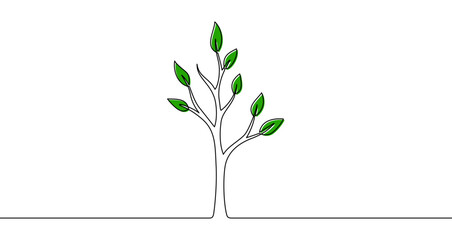 Colorful young tree in one line art style. Drawing of a seedling with editable black stroke and green color blocks on a white background. Vector illustration.