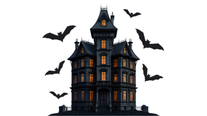 Spooky gothic mansion with glowing windows and bats flying at night, perfect for Halloween and horror themes