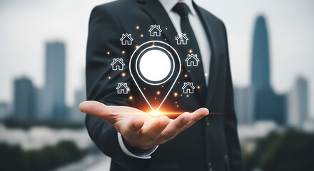 Property location pin and house icons in hand, real estate search