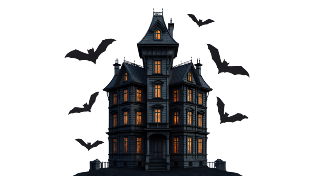 Spooky gothic mansion with glowing windows and bats flying at night, perfect for Halloween and horror themes