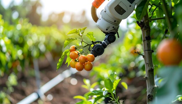 Automated robotic arm harvesting a cluster of ripe, orange-red fruit from a plant branch in a sunlit agricultural setting