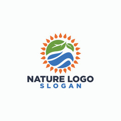 leaf and sun logo concept, village logo concept, nature elements logo design vector