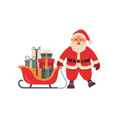 Santa Claus Standing with Sleigh Full of Christmas Presents on White Background