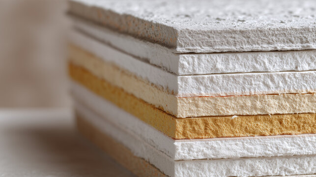 Vista de paneles aislantes en capas de tonos blanco, amarillo y beige, con texturas fibrosas y espumosas. Perfecto para construcci&oacute;n, eficiencia t&eacute;rmica, ac&uacute;stica y dise&ntilde;o t&eacute;cnico. Aislamiento ac&uacute;stic